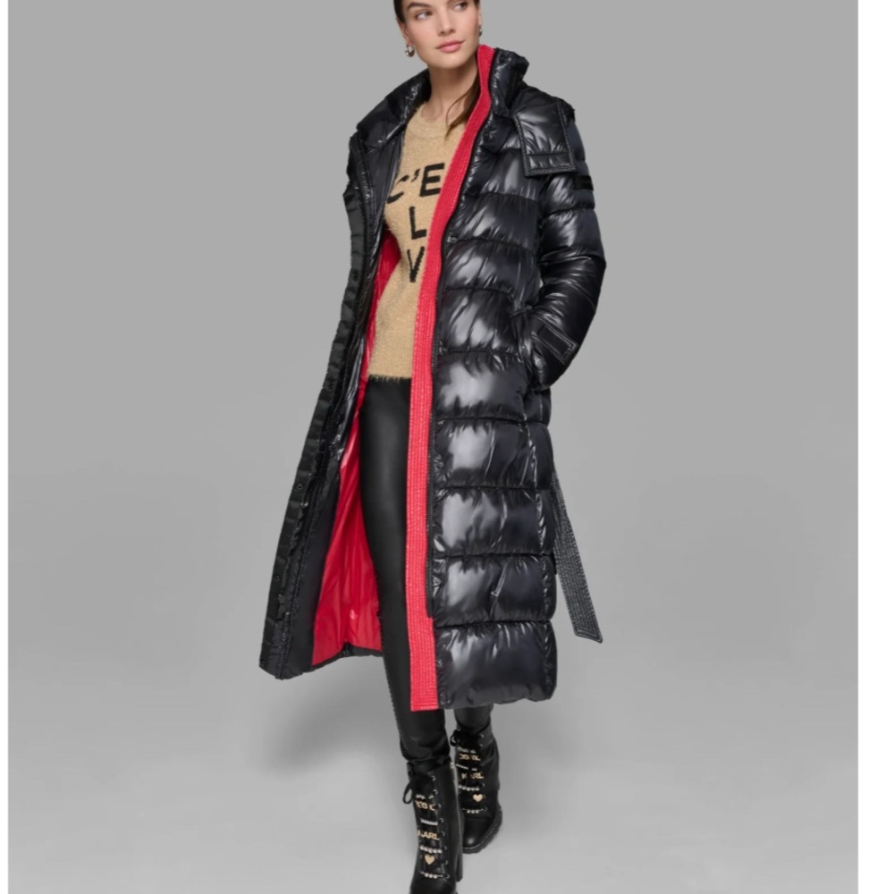 Karl Lagerfeld Black Puffer Coat with Red Accents